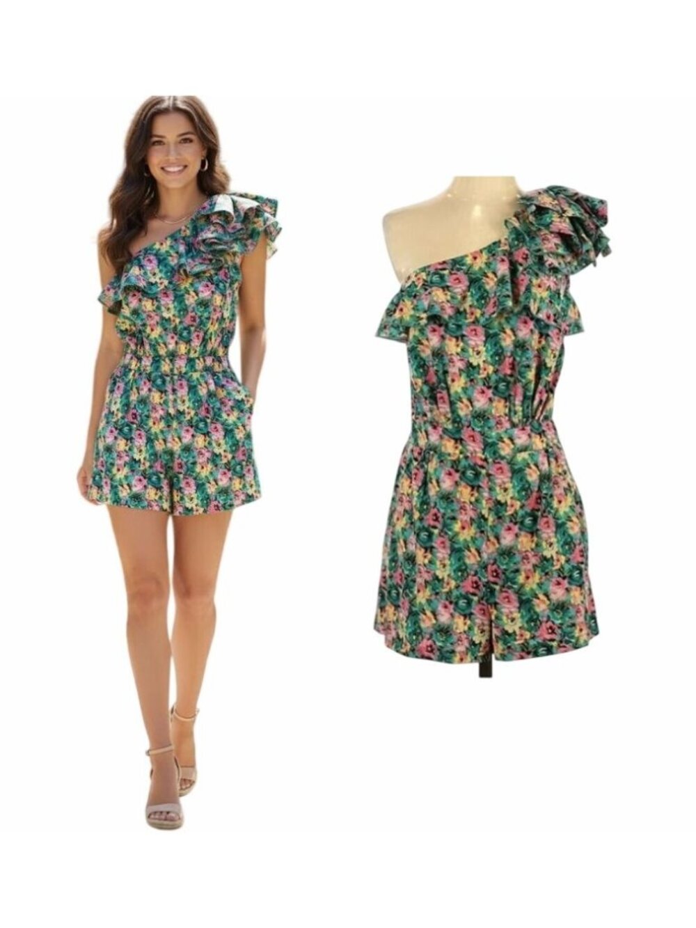 ❤️Women One Shoulder Romper 6 Floral Jumpsuit Green Pink Ruffle Party Playsuit